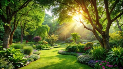 Poster - Sunbeams Filtering Through Lush Foliage in a Tranquil Garden Setting