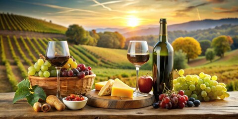 Poster - A Rustic Still Life of Wine, Grapes, and Cheese, with a Vineyard Sunset Backdrop