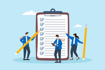 Poster - Flat illustration of business people hold pencils to complete task checkbox on project checklist