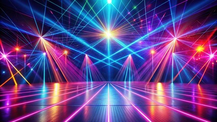 Aufkleber - Abstract Stage with Neon Laser Lights and Colorful Beams Reflecting on a Dark Reflective Floor