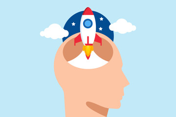 Poster - Flat illustration of human head opens with rocket launching symbolizing open-mindedness and innovation