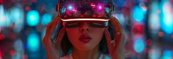 Poster - Woman with Modern VR Interaction and headphones, smiling, enjoying music, technology concept