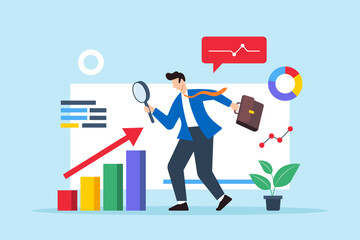 Aufkleber - Flat illustration of businessman uses magnifying glass to analyze charts and graphs in research report