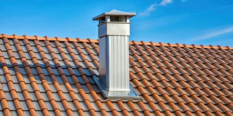 Poster - A modern chimney with a sleek, rectangular design stands tall against a backdrop of terracotta tiles, creating a striking contrast against the cerulean sky.