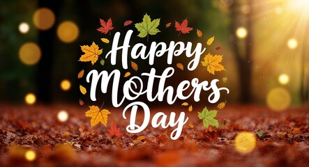 happy mothers day lettering on autumn nature concept blurred lights bokeh background