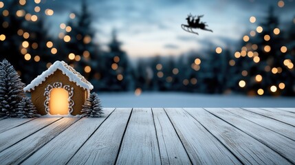 Poster - A cozy gingerbread house glows warmly on a wooden table, with a full moon above and Santa's sleigh flying across a starry night filled with silhouettes of trees