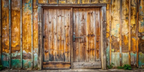 Poster - A weathered double wooden door framed by a crumbling wall with a hint of faded green paint