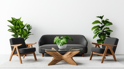 Modern living room setup featuring a stylish sofa, two chairs, a chic coffee table, and lush indoor plants for an inviting atmosphere.