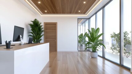 Poster - A large open office space with a wooden floor and a white wall