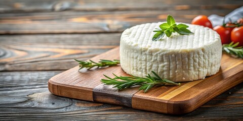 Poster - Freshly made, creamy cheese wheel with herbs on a wooden board