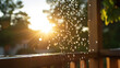 © Suphawan - Close-up of water dripping from a wet towel after its wrung out over a wooden porch railing, sunlight reflecting off the droplets.