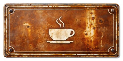 Poster - Rusty Metal Sign with a Coffee Cup Icon Featuring a Distressed and Weathered Surface