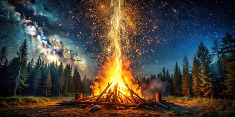 Aufkleber - A towering bonfire erupts with a shower of sparks against a backdrop of a star-filled night sky, the flames casting an ethereal glow on the surrounding forest