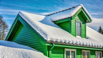 Poster - A green wooden house with a snow-covered roof, showcasing a dormer window, and a crisp blue sky with fluffy clouds.