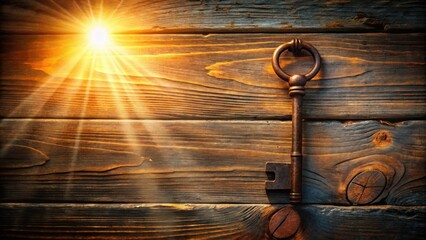 Poster - An old key lies on rustic wooden planks with sun rays illuminating the background.