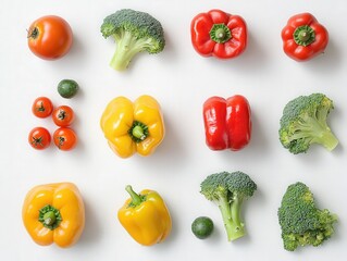 Vibrant array of fresh vegetables including peppers, broccoli, and tomatoes on a white background.