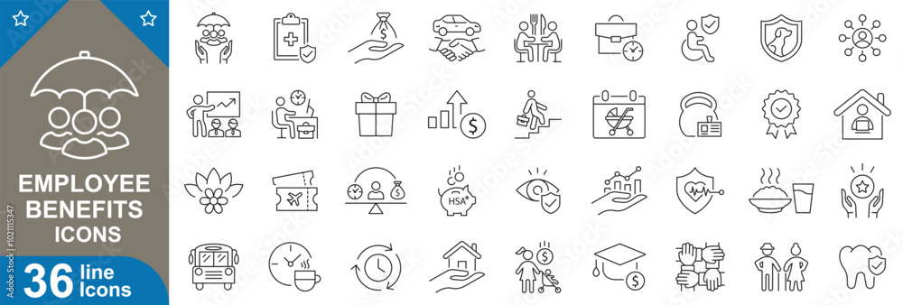 Employee benefits outline icons set. health insurance, retirement plan ...