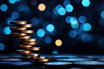 Poster - Stacks of coins on a blurred blue background