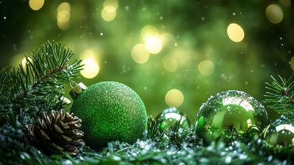 Wall Mural -  Christmas and New Year decoration green background, with glass balls. Holidays background.