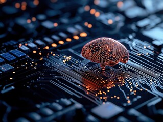 Poster - artificial brain on circuit board background
