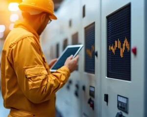 A worker in a hard hat examines digital controls on machinery, using a tablet to monitor operations in an industrial setting.