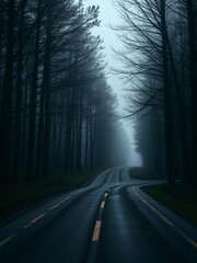 Wall Mural - Dark forest with empty road in receding light halloween backdrop