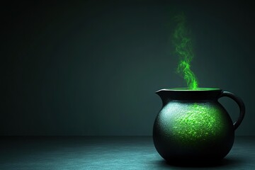 enigmatic black pot emitting green smoke on dark backdrop