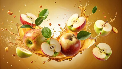 Sticker - A Splash of Freshness Sliced Apples and Leaves Soaring Through a Golden Liquid Wave