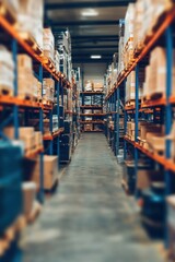 Abstract blur industrial warehouse interior with storage shelves stock photo Warehousing, Industrial, Defocused 