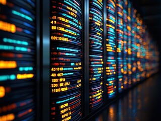 Fototapete - Data center with illuminated server racks.