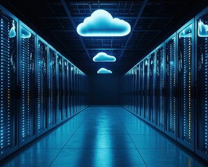 Fototapete - Data center with server racks and cloud icons.