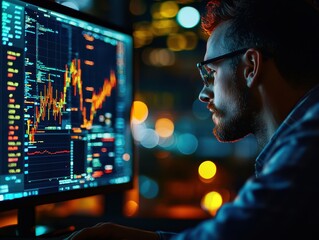 Leinwandbilder - Focused man analyzing data on computer screen.