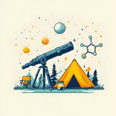 Poster - Colorful and playful flat design of a science camp scene featuring a telescope microscope camping tent in the shape of a molecule and various scientific icons