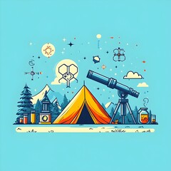 Poster - Playful and vibrant flat design of a science camp setting featuring a telescope microscope and a molecular shaped camping tent conveying an educational and outdoorsy feel