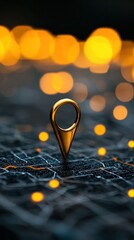 Poster - Golden location pin on blurred lights background