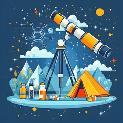 Poster - Vibrant and modern graphic design element depicting a science themed camp setting with a telescope microscope and a camping tent in the shape of a molecule