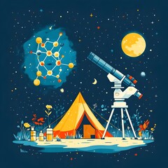 Poster - Vibrant and minimalist depicting a science themed camp setting with a telescope microscope and a camping tent in the shape of a molecule