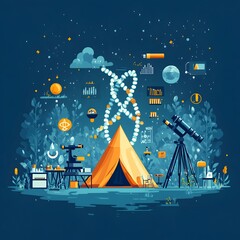 Poster - Peaceful Science Camp Setup in Serene Forest Environment with Telescope and Microscope   Flat Design with DNA Shaped Camping Tent and Science Icons Emphasizing and Discovery