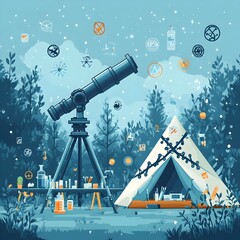 Poster - Flat design image depicting a peaceful science camp setup in a forest environment including a telescope microscope and various science icons arranged around a DNA shaped camping tent