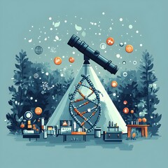 Poster - Flat design showcasing a peaceful science camp setup surrounded by a serene forest environment featuring a DNA shaped camping tent telescope microscope and various science themed icons