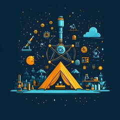 Poster - Vibrant flat design graphic depicting a science themed camping experience with a telescope microscope and various science themed icons surrounding a tent in the shape of an atom