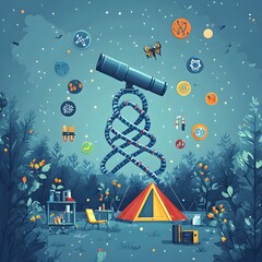 Poster - Flat design depicting a science camp setup in a peaceful forest environment featuring a telescope microscope and various science icons arranged around a DNA shaped camping tent