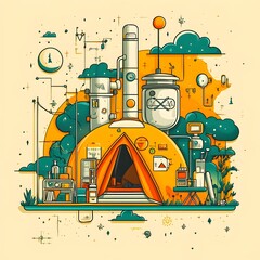 Poster - Whimsical flat art piece depicting a science camping adventure featuring a tent modeled after an atom and accompanied by scientific instruments and icons  Executed in a playful