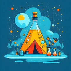 Poster - Minimalist flat design composition showcasing a science camp setting with a telescope microscope and science themed graphics alongside a camping tent in the shape of a beaker
