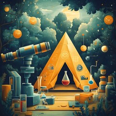 Poster - Minimalist flat design showcasing a science camp in a forest setting featuring a telescope microscope and various science themed icons including a camping tent in the shape of a beaker