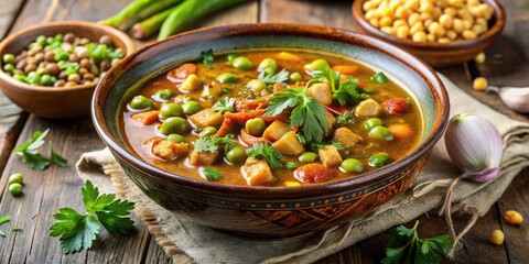 Aromatic vegetable stew with a savory broth, garnished with fresh herbs, served in a rustic earthenware bowl on a wooden table