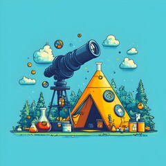 Poster - Minimalist flat design depicting a science camp in a forest setting featuring a telescope microscope and science themed icons with a camping tent in the shape of a beaker