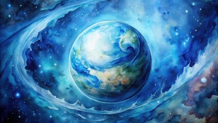 Wall Mural - a watercolor painting depicting earth in a cosmic dance of swirling nebulas and twinkling stars