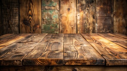 Poster - Rustic wooden table top with a blurred wood plank background, perfect for showcasing your product or design