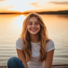 Stunning high resolution photos of a cheerful teenage girl sitting and waiting for friends on a pier by a lake at sunset. Travel